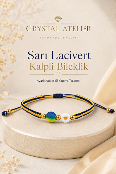 Crystal Atelier Sarı Lacivert Kalpli Makrome Taraftar Bilekliği Ayarlanabilir...
