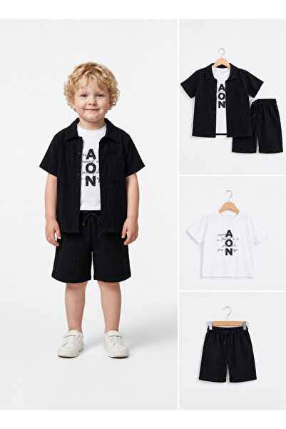 İray Boy's Black Shirt Shorts Set Printed T-Shirt Summer 3-Piece Set Oversize...