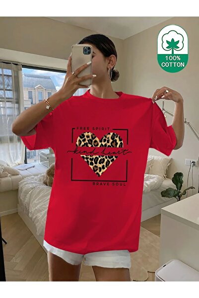 JENOLAN Tricou de damă cu imprimeu roșu afumat cu spirit liber, oversize, largi