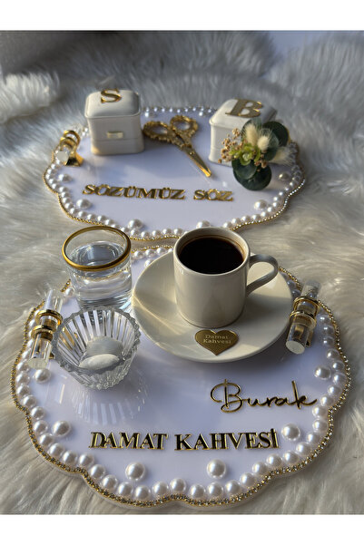CatplexBoutique Söz Tepsisi - Kişiye Özel 2'li Nişan Tepsisi Damat Kahvesi Te...