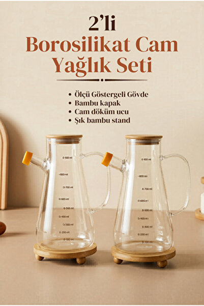 Ev Modu Home 2'li Borosilikat Cam Yağlık Seti Bambu Kapaklı ve Standlı