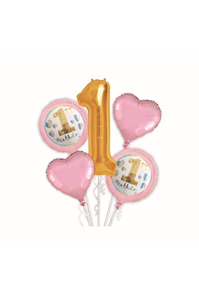 MP Mirific Party Set de 5 baloane metalice, Prima Aniversare, Roz