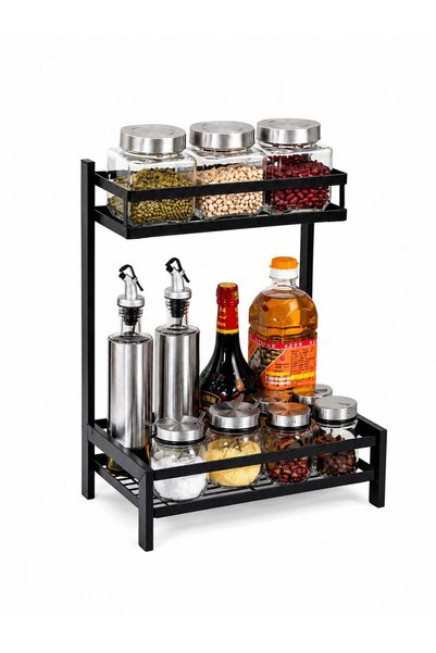 OEM Raft Organizator Bucatarie 2 Nivele, Metalic, Negru, Suport Condimente si Ustensile, 40 x 19.5 x 32 cm