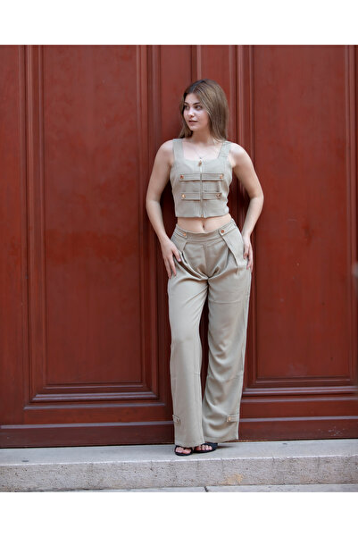 ruyaguneyboutique HAKİ GOLD FERMUAR DETAYLI TAKM