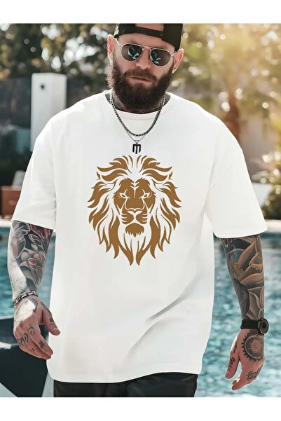 JENOLAN Muški stil Zlatni lav Štampano T-shirt Oversize kroj Ležerni dečko