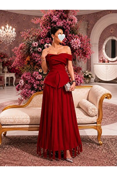 SKY dresses فستان سهره احمر أوف شولدر