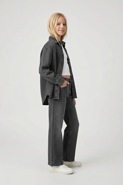 WOWMOMKIDS Girl's Anthracite Denim Shirt and Spanish-Cut Trousers Set