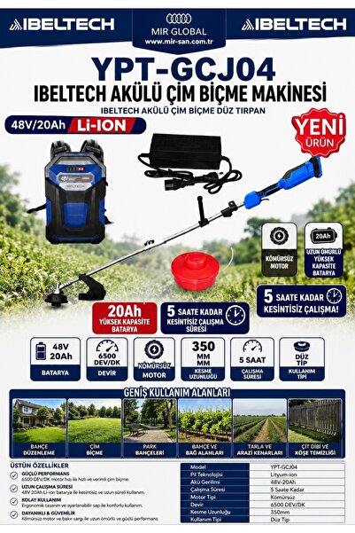 İBELTECH YPT-GCJ04 Akülü Çim Biçme Makinesi 48V 20Ah Sırt Tipi Bataryalı Kömü...