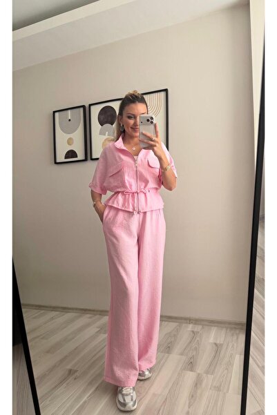 BELLA FASHION Set pantaloni și jachetă cu mânecă scurtă și șnur în talie