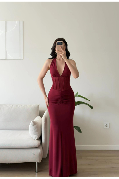 Zoom Butik Bel Korse Maxi Elbise - BORDO