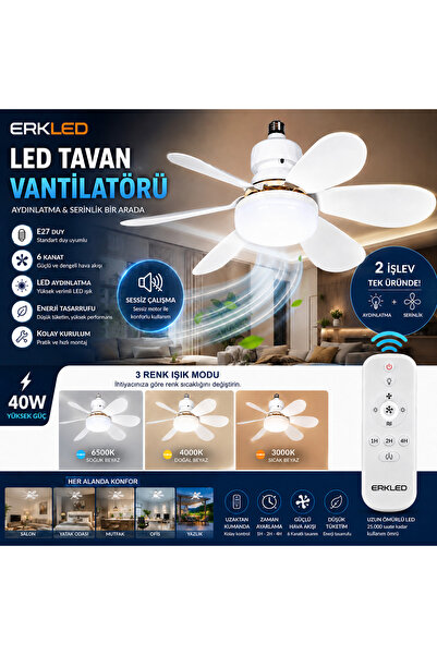 LENAOKSAN ERKLED 40W 3 Renk LED Işıklı Tavan Vantilatörü E27 Duy 6 Kanat