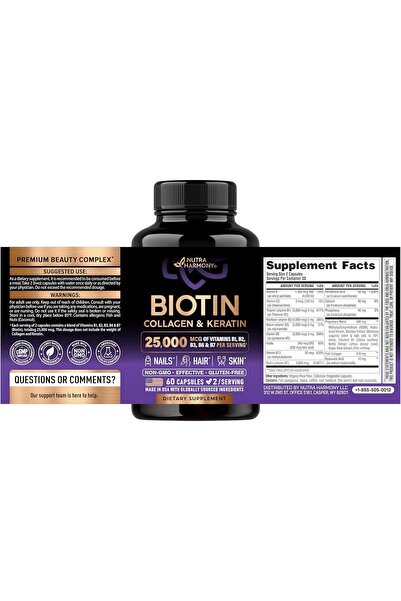 NUTRA HARMONY Hair Growth & Strength Support Vitamin,Biotin,Collagen,Hyaluron...