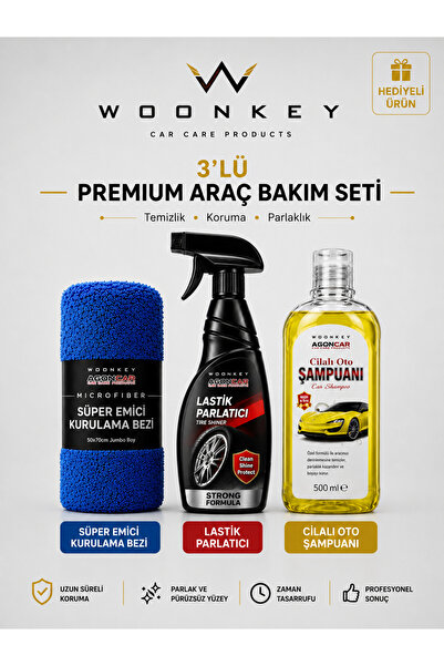 woonkey Premium 3'lü Oto Bakım Seti 500 ml Cilalı Araç Şampuanı Lastik Parlat...