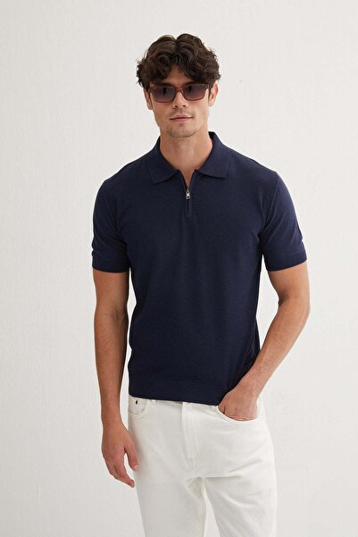 Silk and Cashmere Lacivert Kevin Kısa Kollu Polo Yaka Triko