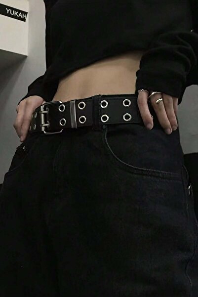 Köstebek Black Eyelet Square Buckle Gothic Leather Belt