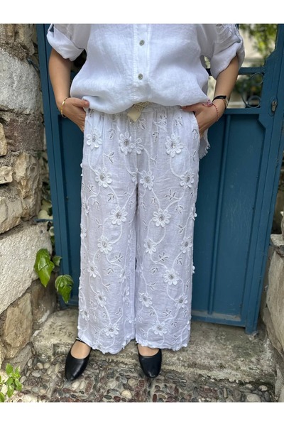 HATİCE CİVELEK Pul İşlemeli İtalyan Keten Pantolon 46880