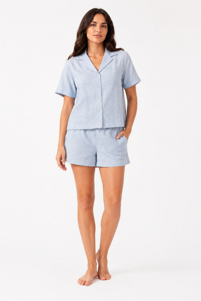 Tusebu Blue Striped Textured Short Sleeve Shirt Shorts Set