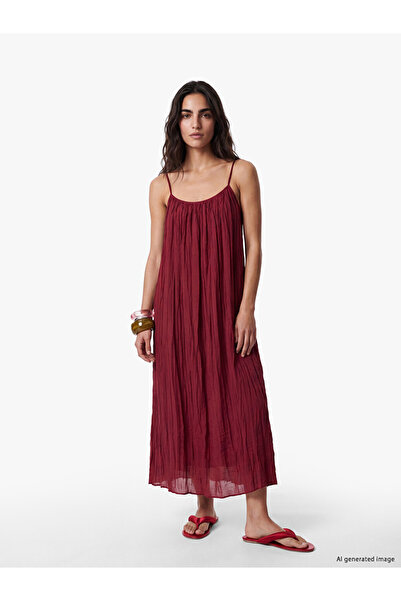 LC Waikiki Burgundy U-Neck Rope Strap Textured Dress