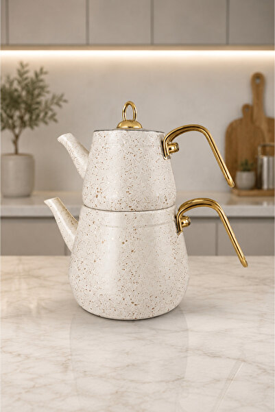 mafa home Gold Metal Handle Granite Coated Beige Teapot Set 2.1 Liter - 1.1 L...