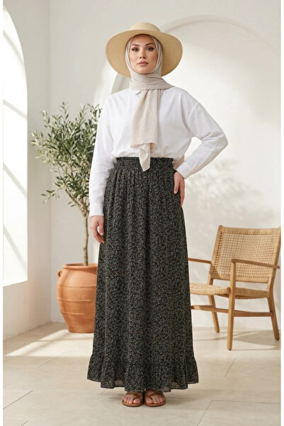 sefamerve Elastic Waist Floral Patterned Skirt 0313-01 Black