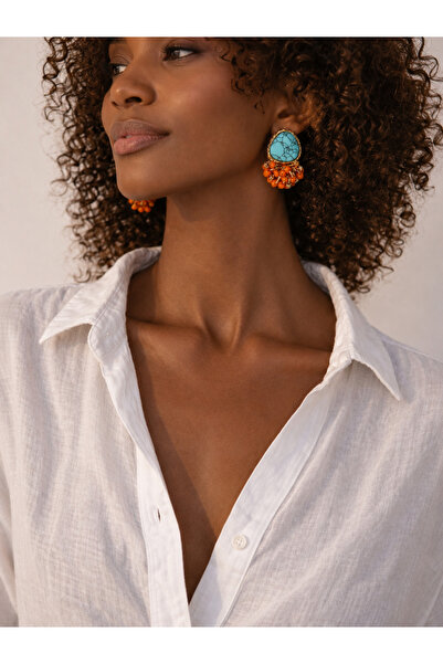 db DİLEK BAŞ TASARIM Gold Design Earrings with Turquoise Natural Stone and Or...