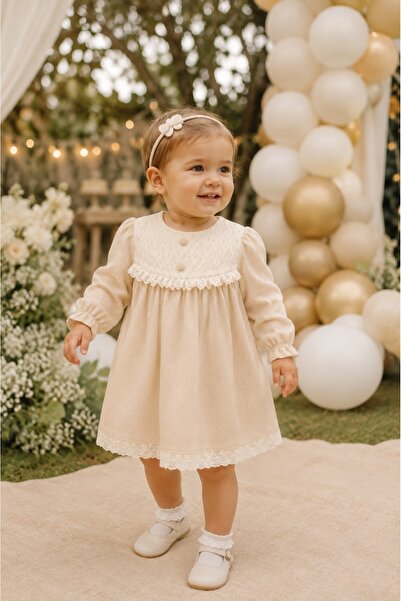 Pure Boutique Rochita eleganta fetite bej ivoire cu dantela fina si maneca lunga