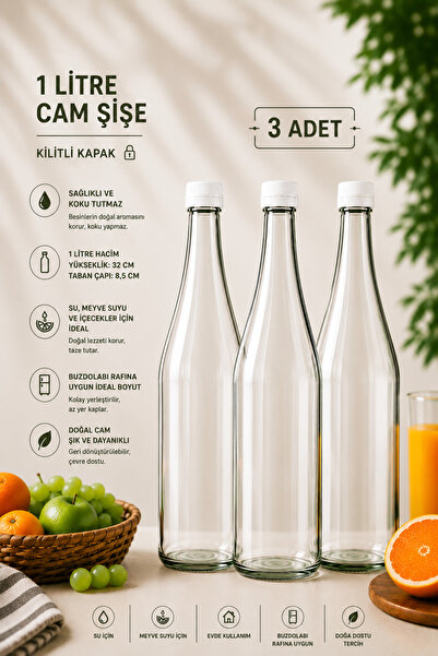 Tanemce 3 Adet Şerbetlik Beyaz Plastik Kapaklı Cam Şişe 1 Litre Şeffaf Sürahi...