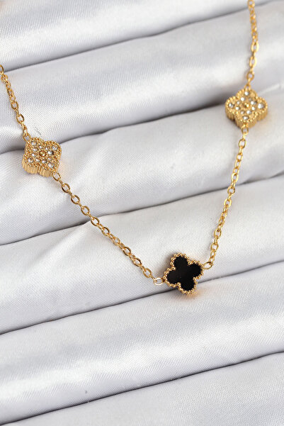 OGHAMAY 316L Steel Chain Gold Color Black and Zircon Stone Baby Boy Clover Wo...