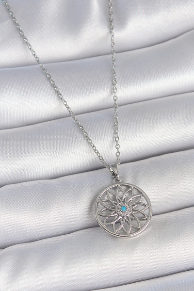 OGHAMAY 316L Steel Silver Color Chain Blue Stone Lotus Model Women's Necklace