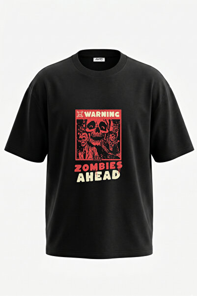 Anetos Tricou oversize negru din bumbac cu imprimeu pe spate cu design Zombie...