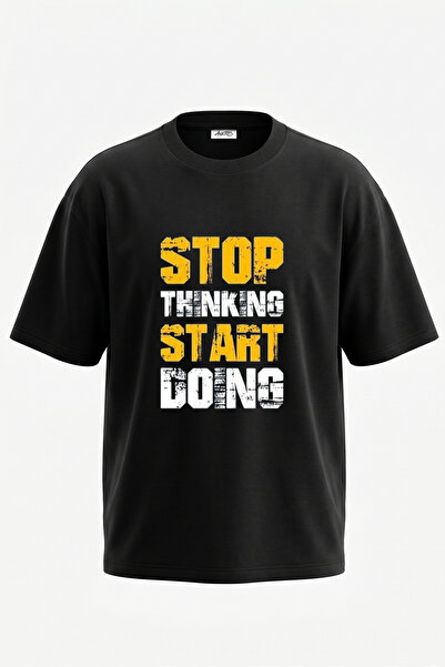 Anetos Tricou oversize negru din bumbac cu imprimeu pe spate cu slogan motiva...