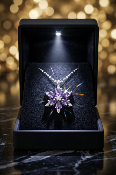 Vua Jewellery 925 Ayar Gümüş Işıklı Kutuda Ametist Taşlı Lotus Kolye