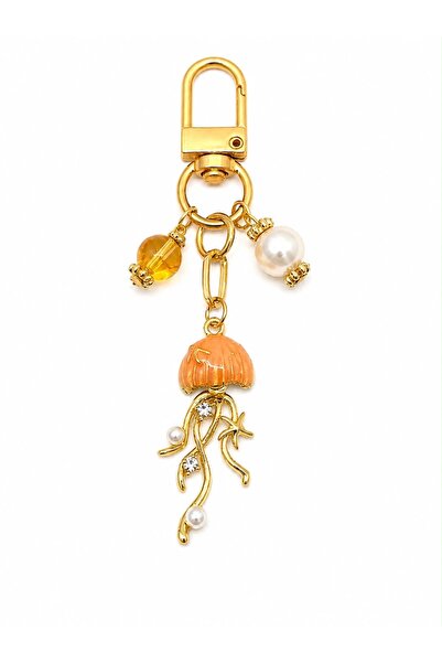 Agatella Tasarım Jellyfish Charm with Citrine Stone and Pearl Detail Keychain...