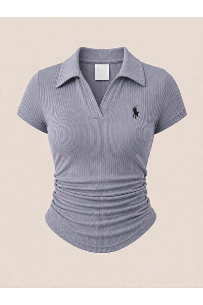 Gofeel Vintage Polo Yaka Fitilli Likralı Bluz