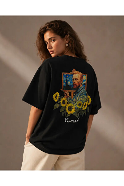 CANMODA تي شيرت أسود كبير الحجم مطبوع عليه صورة فينسنت وصورة زهرة الشمس