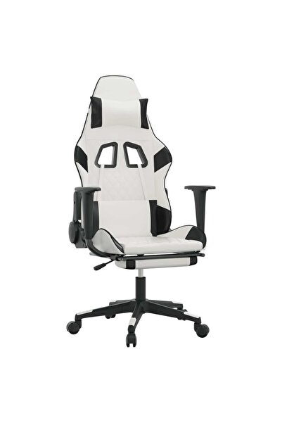 vidaxl Scaun de gaming cu suport picioare, alb/negru, piele ecologică