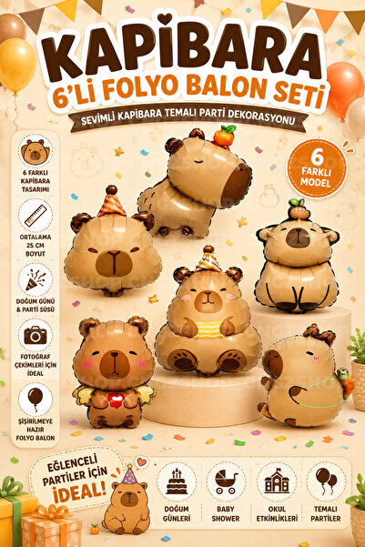 CNGZSHOP Kapibara 6'lı Folyo Balon Seti Sevimli Kapibara Temalı Doğum Günü Pa...