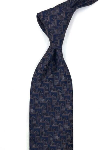 Kravatkolik Navy Blue Brown Shawl Pattern Classic Tie with Handkerchief Kk13782