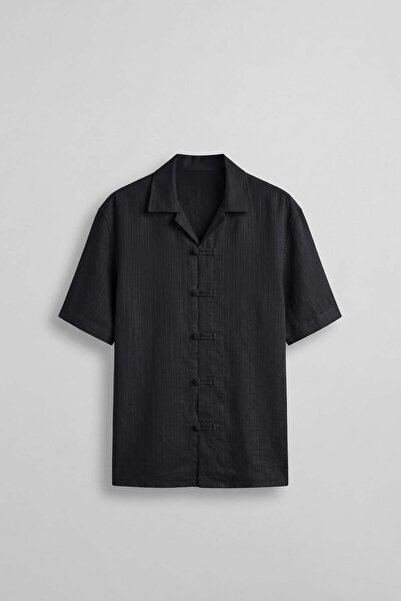ablukaonline Men's Boxy Fit Tencel Fabric Kimono Shirt Black