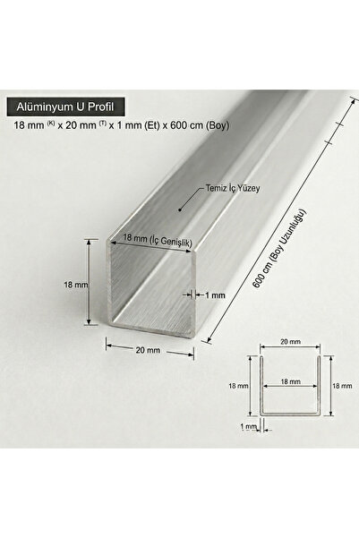 Marka Alüminyum U Profil 18x20x1 mm - 6 Metre