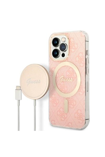 Guess Husă 4G Print MagSafe și Încărcător Wireless pentru iPhone 13 Pro Max, Roz