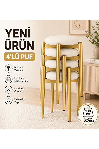EDMONDA EV AKSESUAR ZÜMRA 4LÜ PUF TABURE BENCH MAKYAJ SANDALYESİ GOLD AYAK