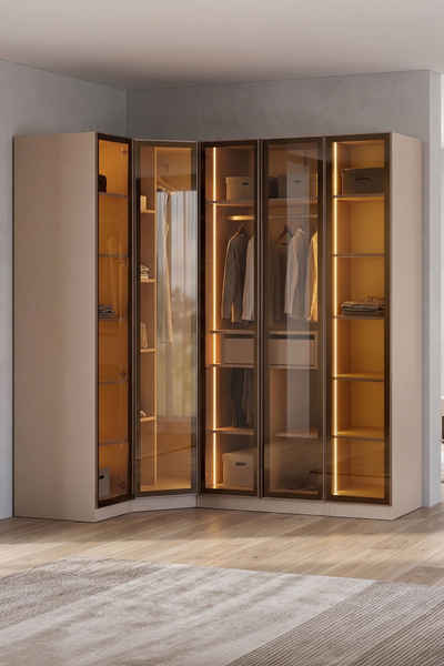 Eymense Lora Camlı Gardırop %100 MDF Çekmeceli Köşe Modüler Giyinme Odası Dolabı