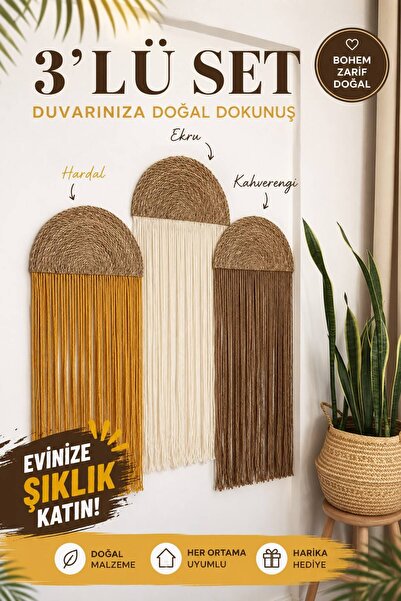 VENON 3.LÜ SET || EKRU & KAHVERENGİ & HARDAL || 33 X 70 Makrome Duvar Süsü Bo...