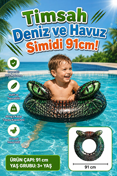 craftivio Kaplan/Timsah Figürlü Deniz ve Havuz Simidi 91 cm Büyük Boy Şişme C...