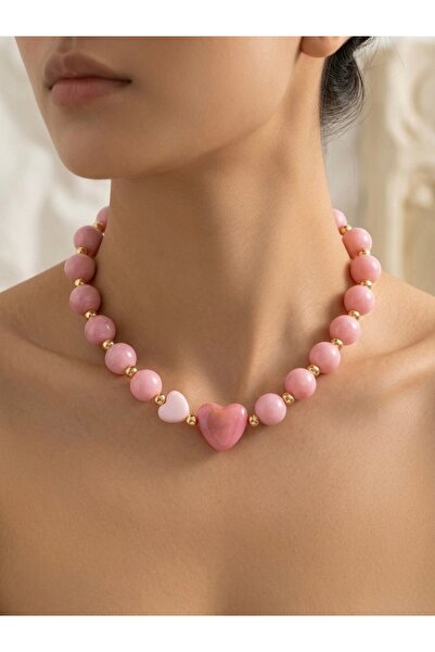BEAD BERRY Pembe Boncuklu Altın Sarısı Detaylı Kalp Figürlü El Yapımı Kolye