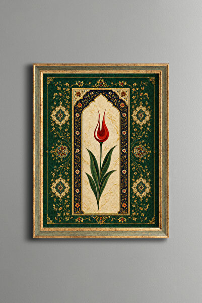 epiqart Yeşil Tezhip Desenli Lale Kompozisyonu - Vintage Desenli Çerçeve - İn...