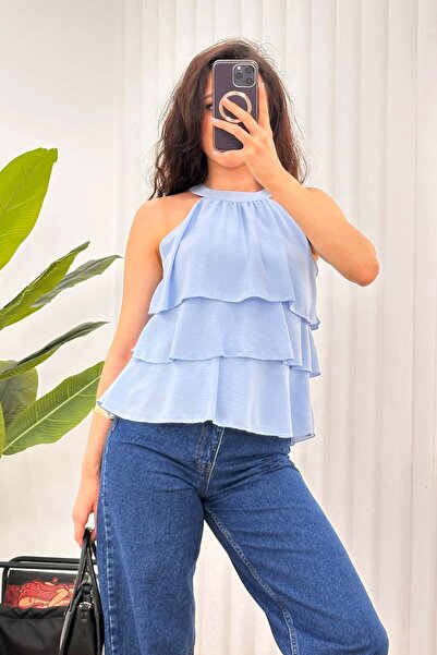 Hipo Trend Layered Ruffle Detail Sleeveless Baby Blue Blouse