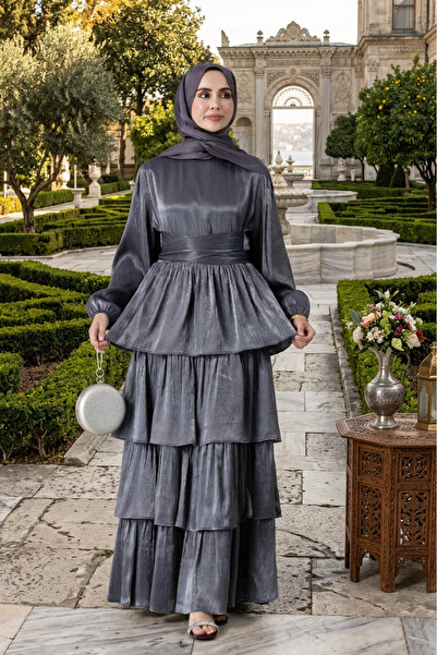 Sevitli Layered Detailed Belted Alina Hijab Evening Dress-Dark Blue