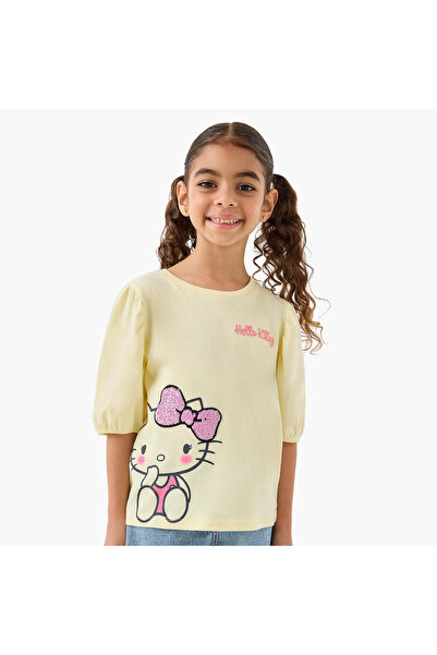 SANRIO Round Neck Short Sleeves T-shirt with Hello Kitty Sequin Detail